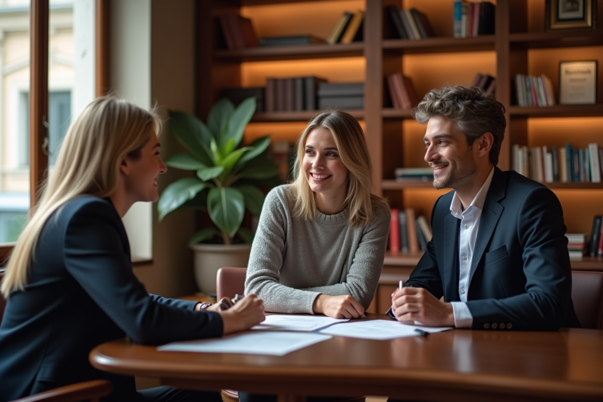 Jeune couple rencontrant un conseiller bancaire dans une banque