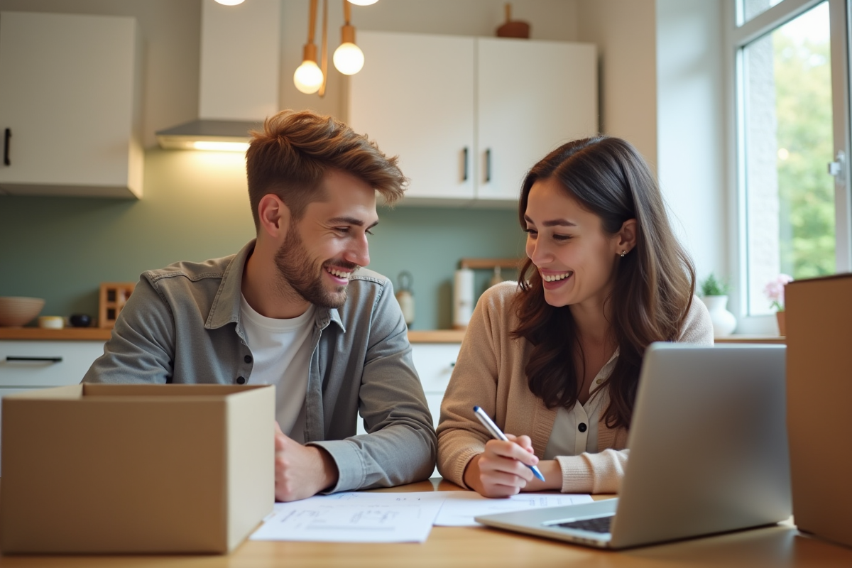 Jeune couple souriant remplissant papier de changement d'adresse