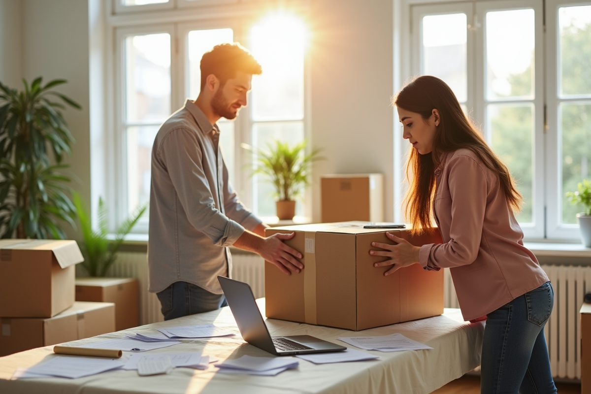 Jeune couple emballant des cartons dans un salon lumineux