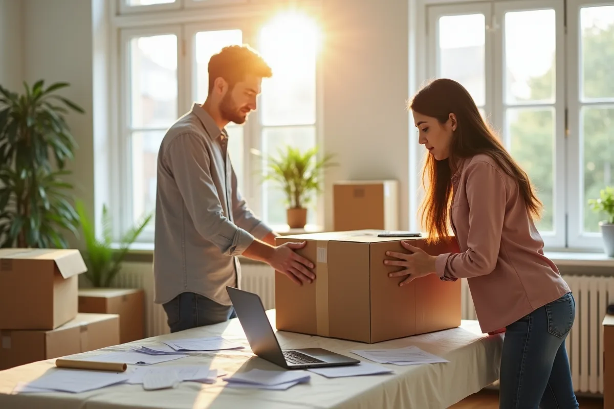 Jeune couple emballant des cartons dans un salon lumineux