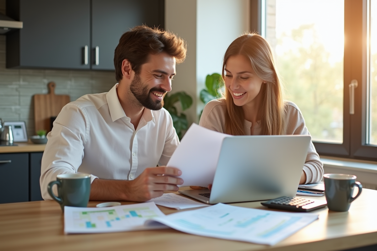 Jeune couple souriant discutant finances dans une cuisine lumineuse