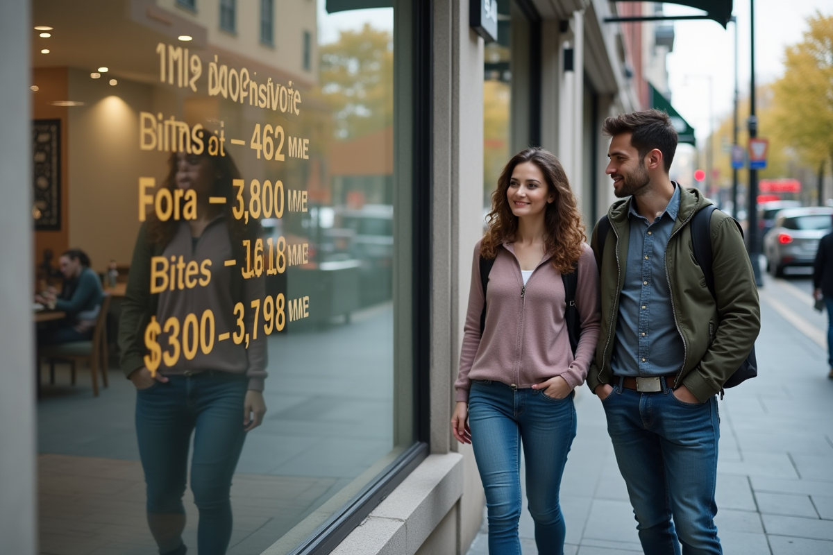 Jeune couple regardant les taux hypothécaires en vitrine en ville