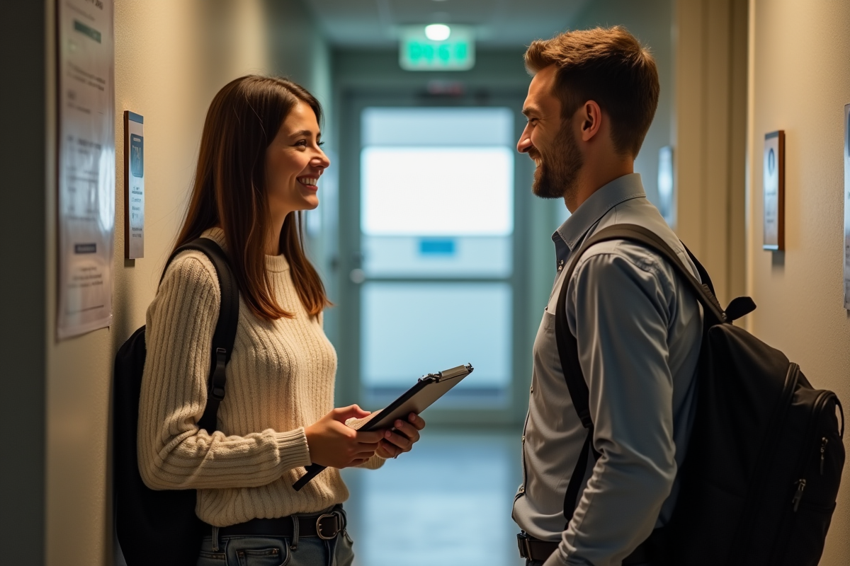 Jeune femme accueillant un potentiel colocataire dans un couloir d