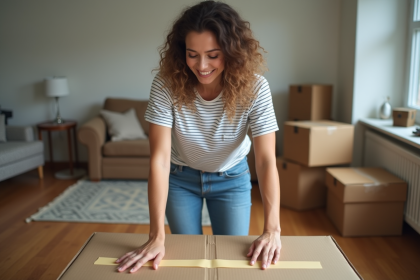 Jeune femme emballant une caisse de déménagement dans un salon