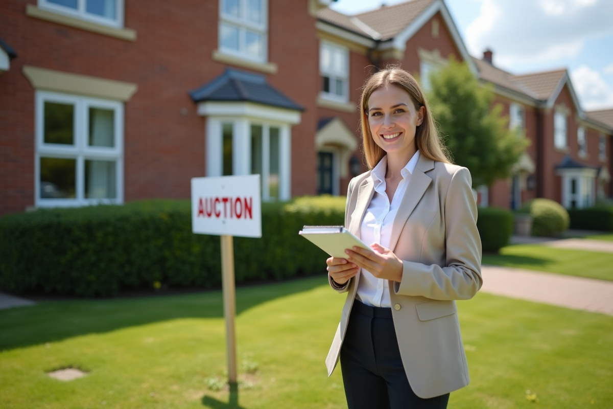 Jeune femme souriante devant une maison avec panneau d