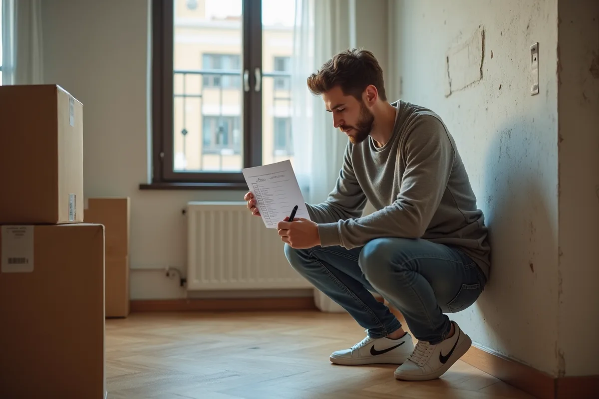 Jeune homme faisant des notes dans un appartement en transition