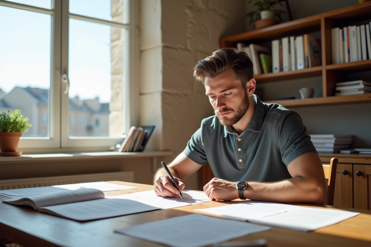 Jeune homme lisant des documents dans un appartement moderne