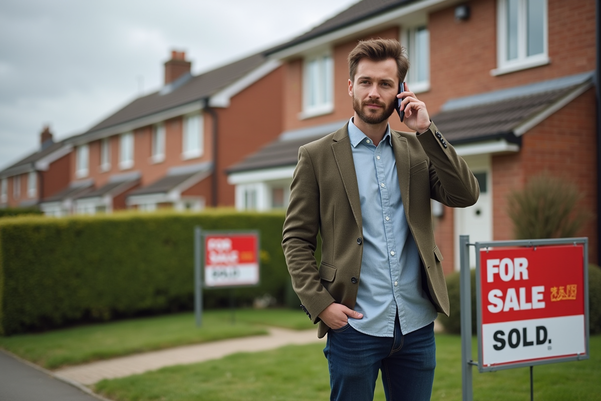 Jeune homme parlant au téléphone devant une maison vendue