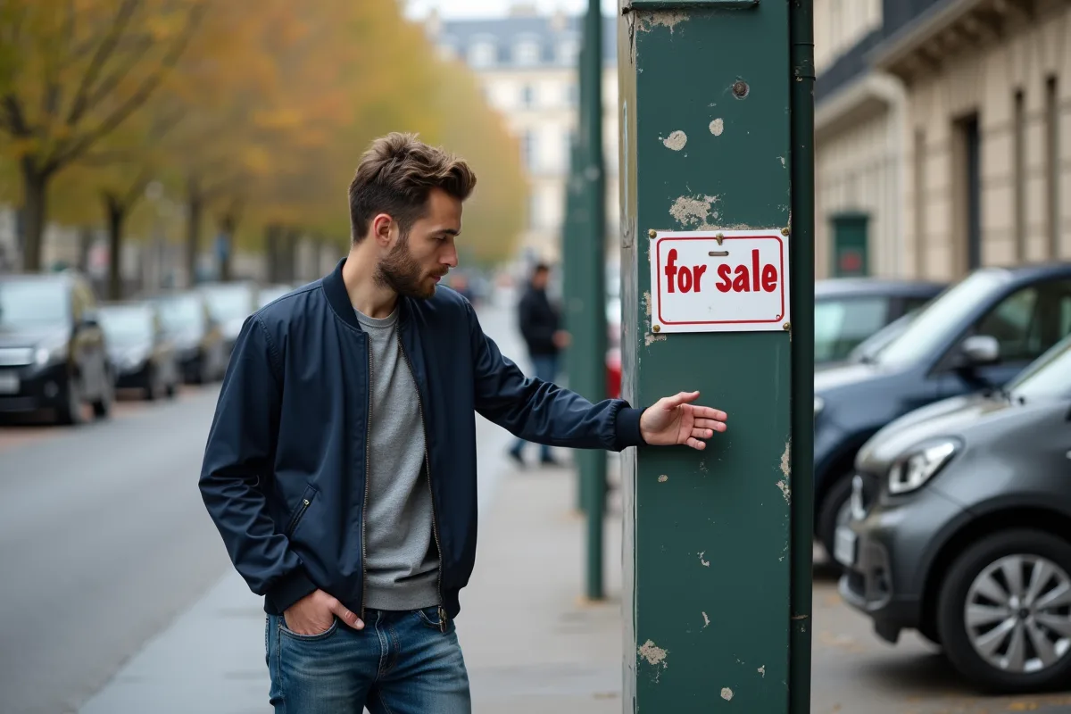 Jeune homme regardant une annonce de vente de voiture