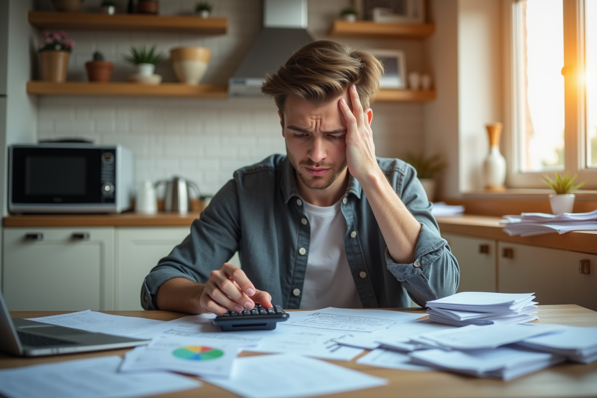 Jeune professionnel frustré analysant des papiers dans une cuisine
