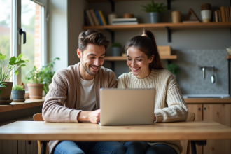 Deux jeunes adultes cherchent un appartement sur un laptop dans une cuisine lumineuse