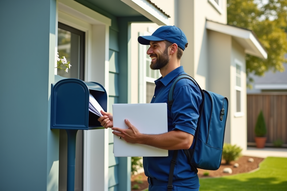 Livreur de courrier livrant des lettres à une maison avec panneau nouvelle adresse