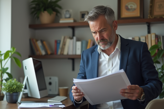Propriétaire sérieux examinant des documents dans un bureau moderne