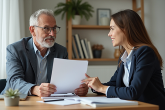 Propriétaire remettant des documents à une jeune femme dans un salon moderne