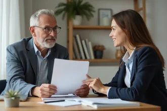 Propriétaire remettant des documents à une jeune femme dans un salon moderne