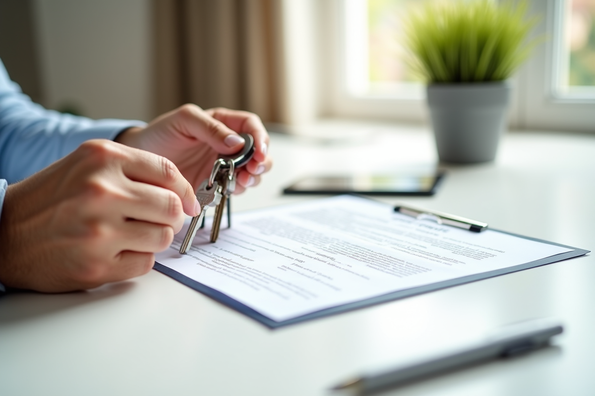 Mains tenant des clés et un contrat de location signé sur un bureau blanc