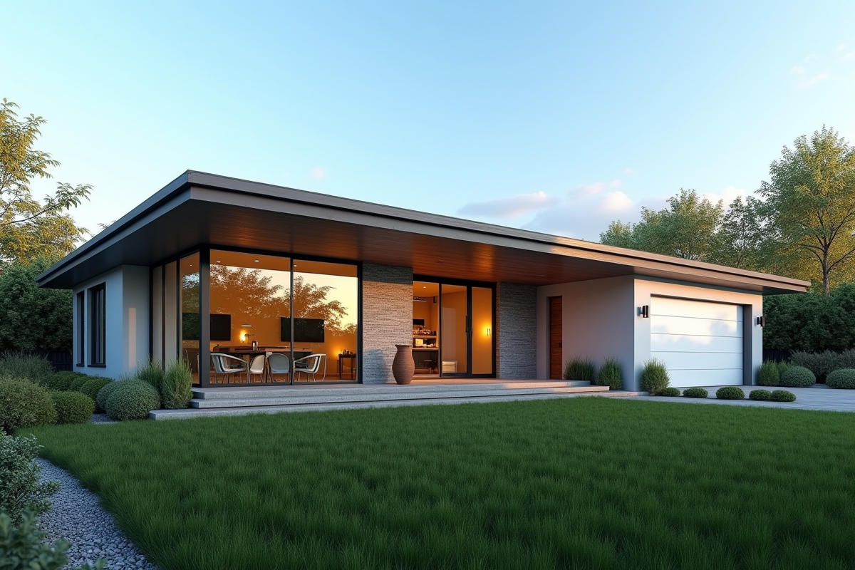 Maison moderne avec jardin bien entretenu et grandes fenêtres