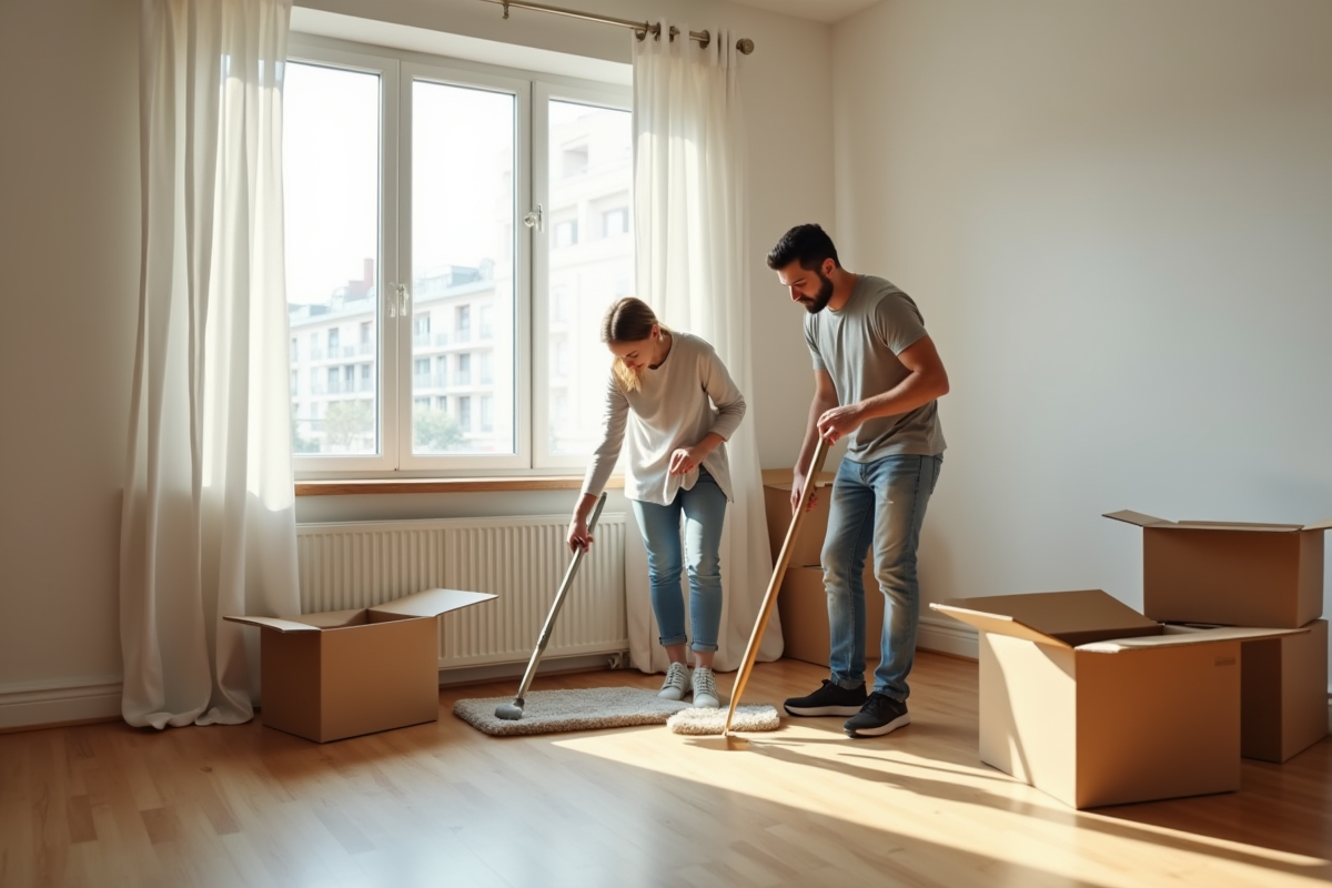 Un couple nettoie un appartement vide et lumineux ensemble