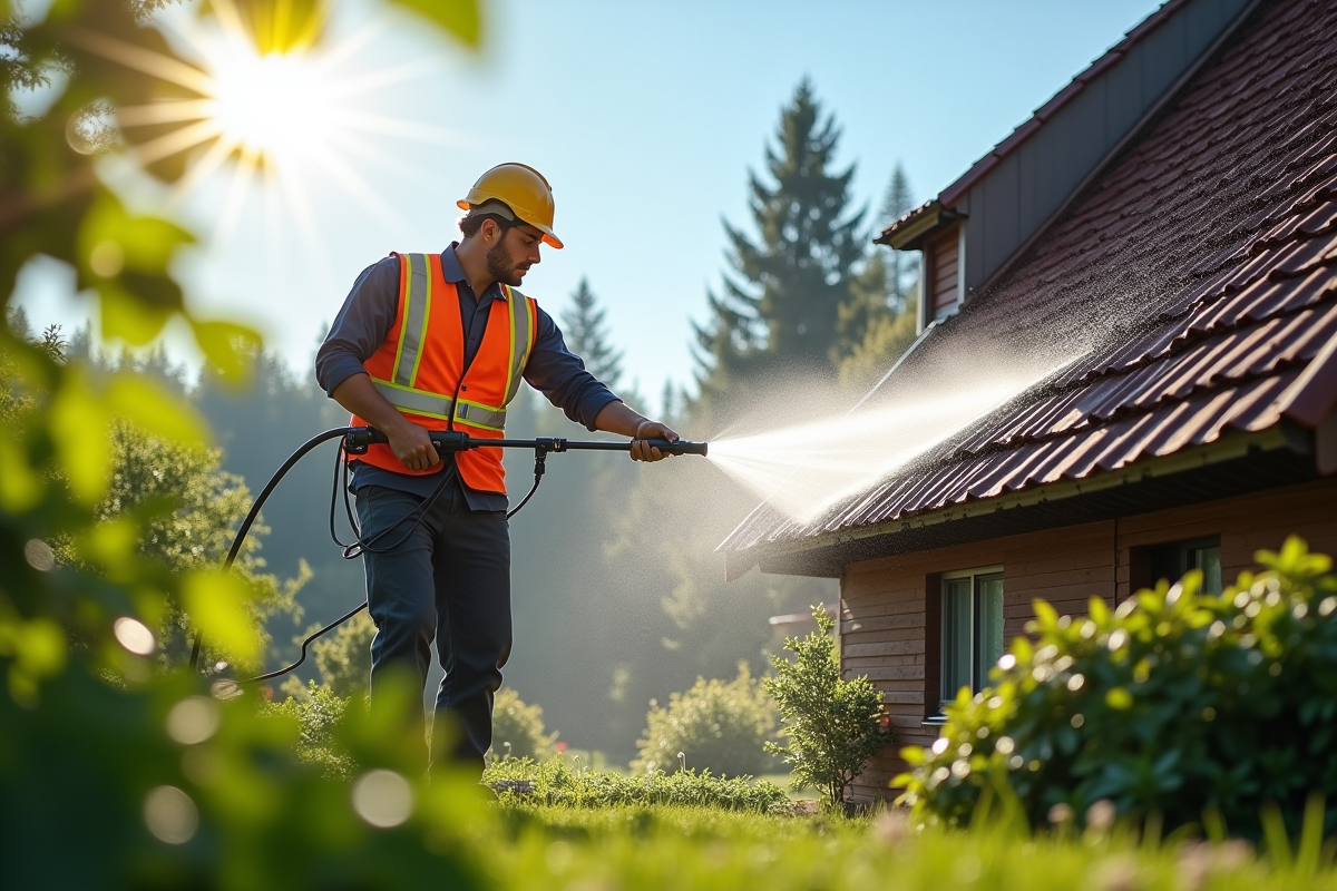 Professionnel nettoyant un toit avec un hydrolaveur en plein jour