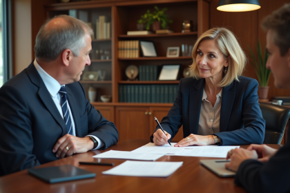 Notaire et clients en discussion dans un bureau moderne