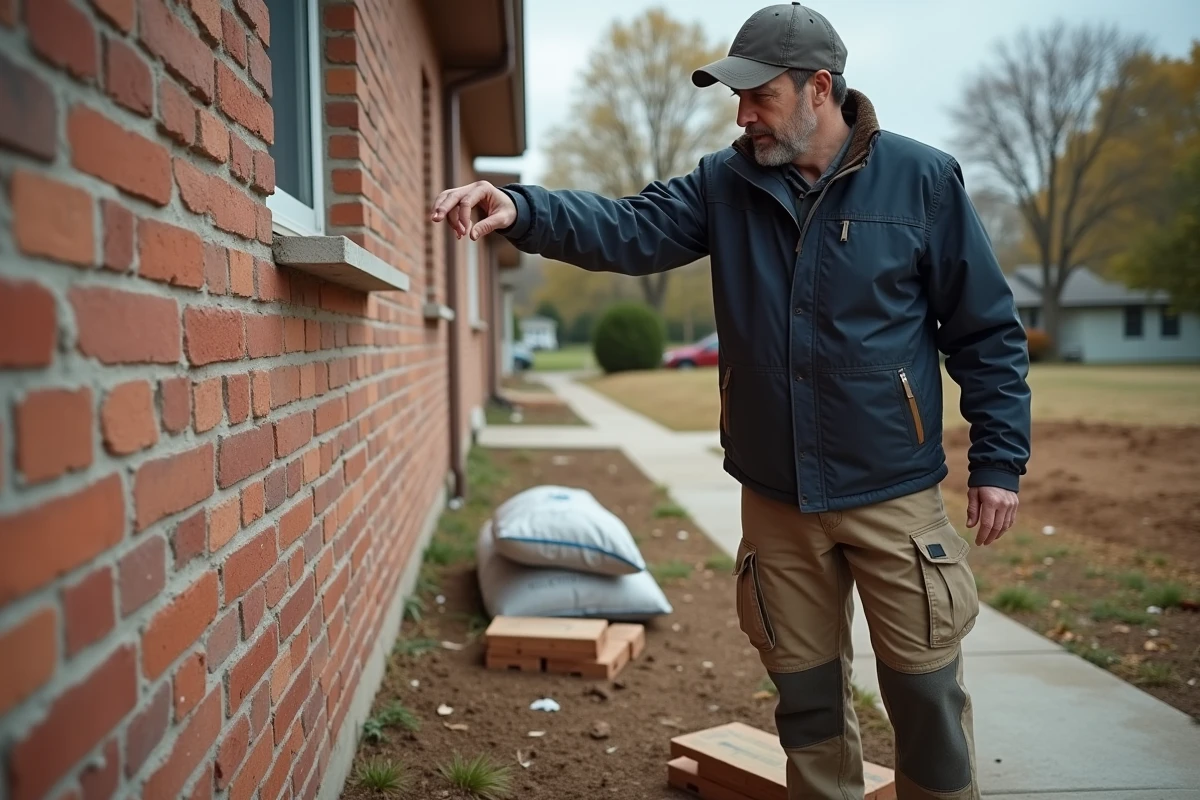 Ouvrier inspectant un mur en briques abimé