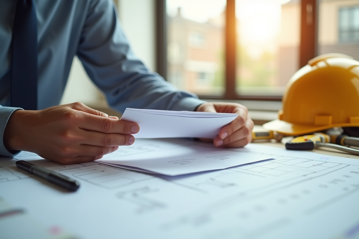 Main d’un entrepreneur échangeant des enveloppes de paiement sur des plans