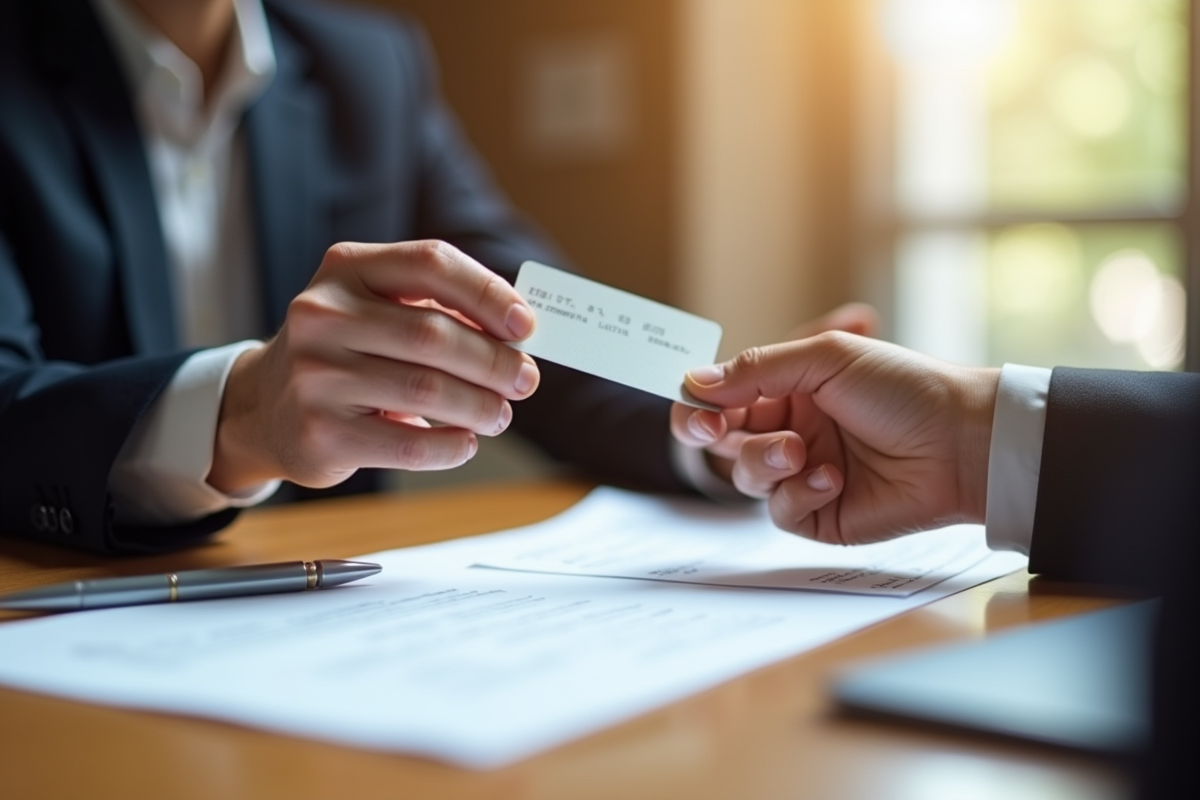 Main passant une carte de paiement au notaire sur le bureau