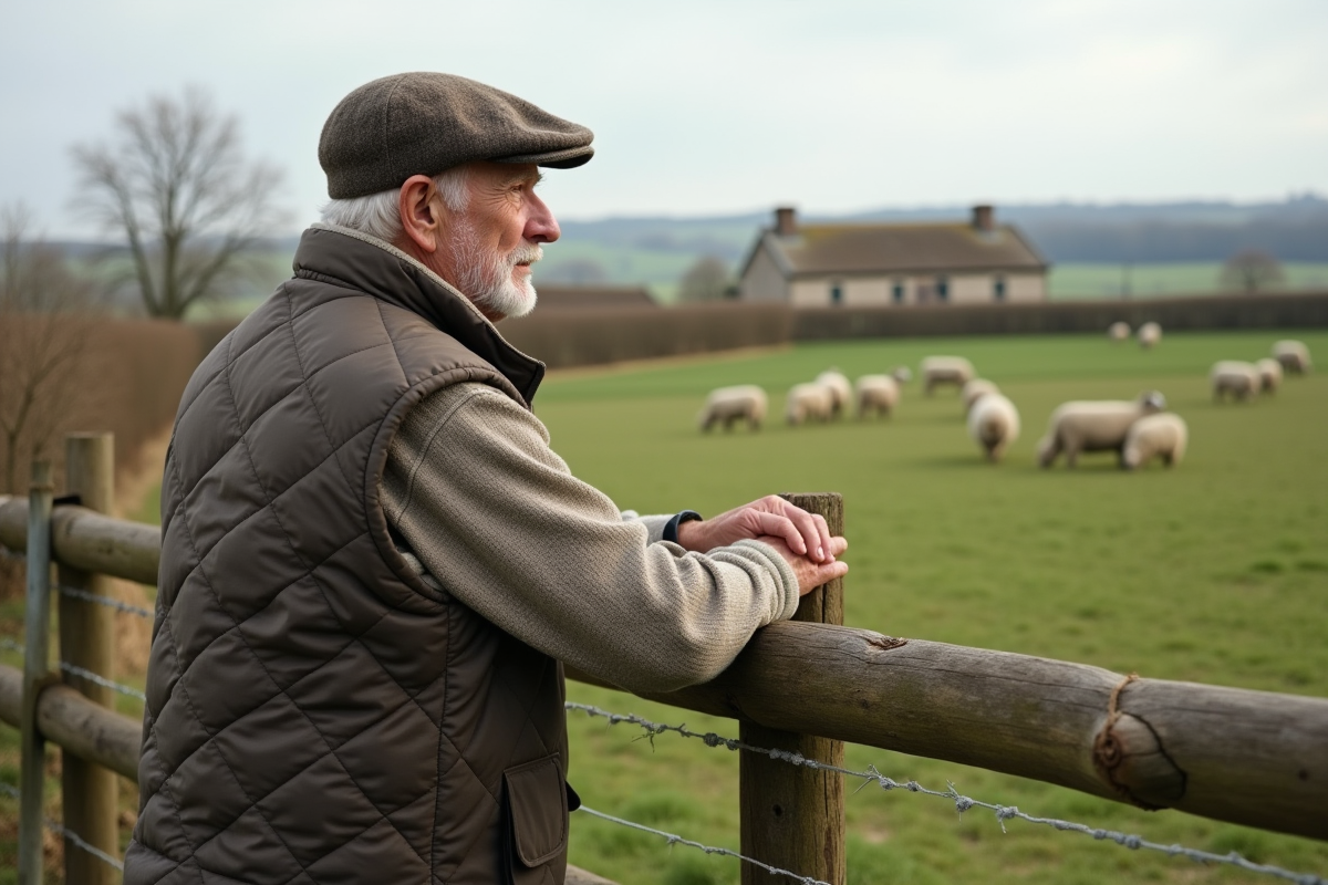 Homme âgé regardant un pâturage avec des moutons