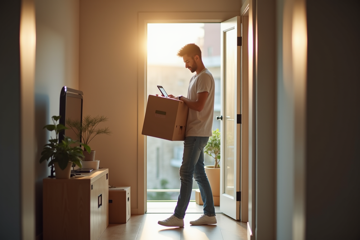 Personne tenant une box en carton près de l'entrée d'un appartement