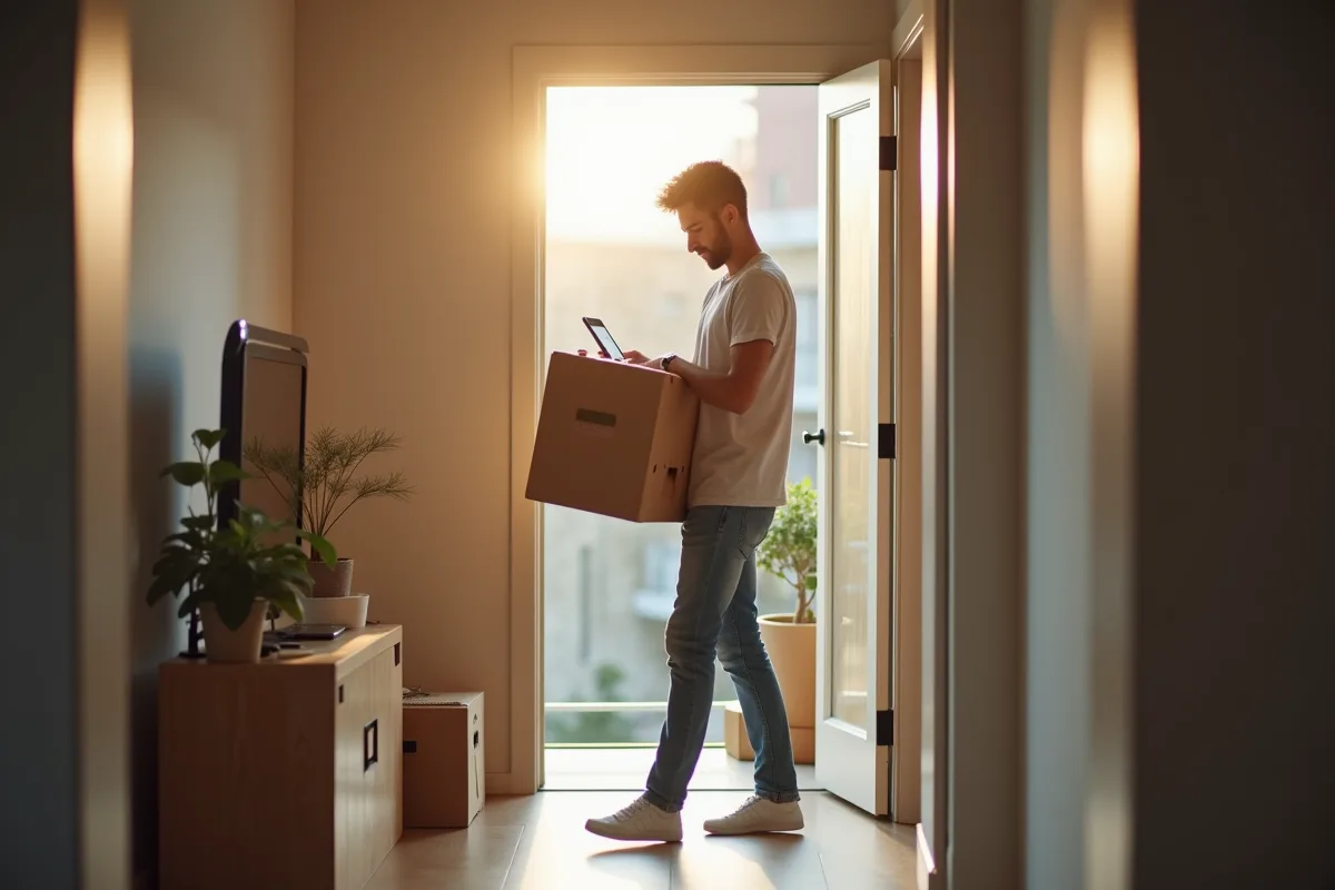Personne tenant une box en carton près de l'entrée d'un appartement