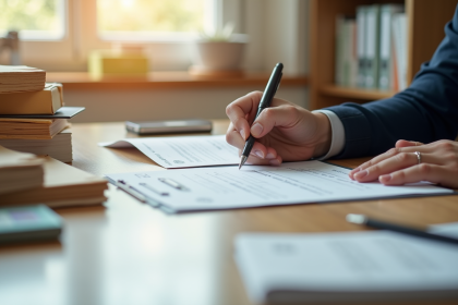 Personne remplissant des papiers officiels dans un bureau lumineux