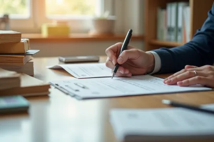 Personne remplissant des papiers officiels dans un bureau lumineux