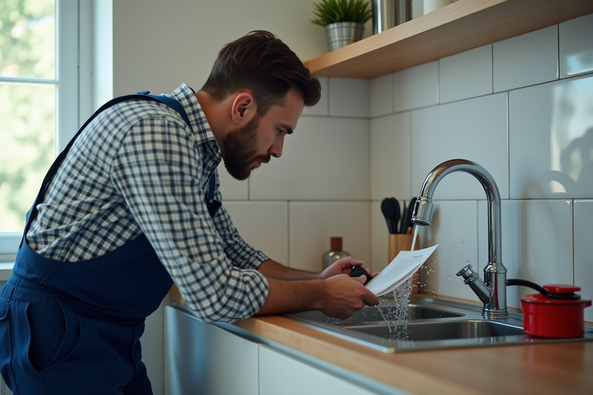 Plombier vérifiant les tuyaux sous l
