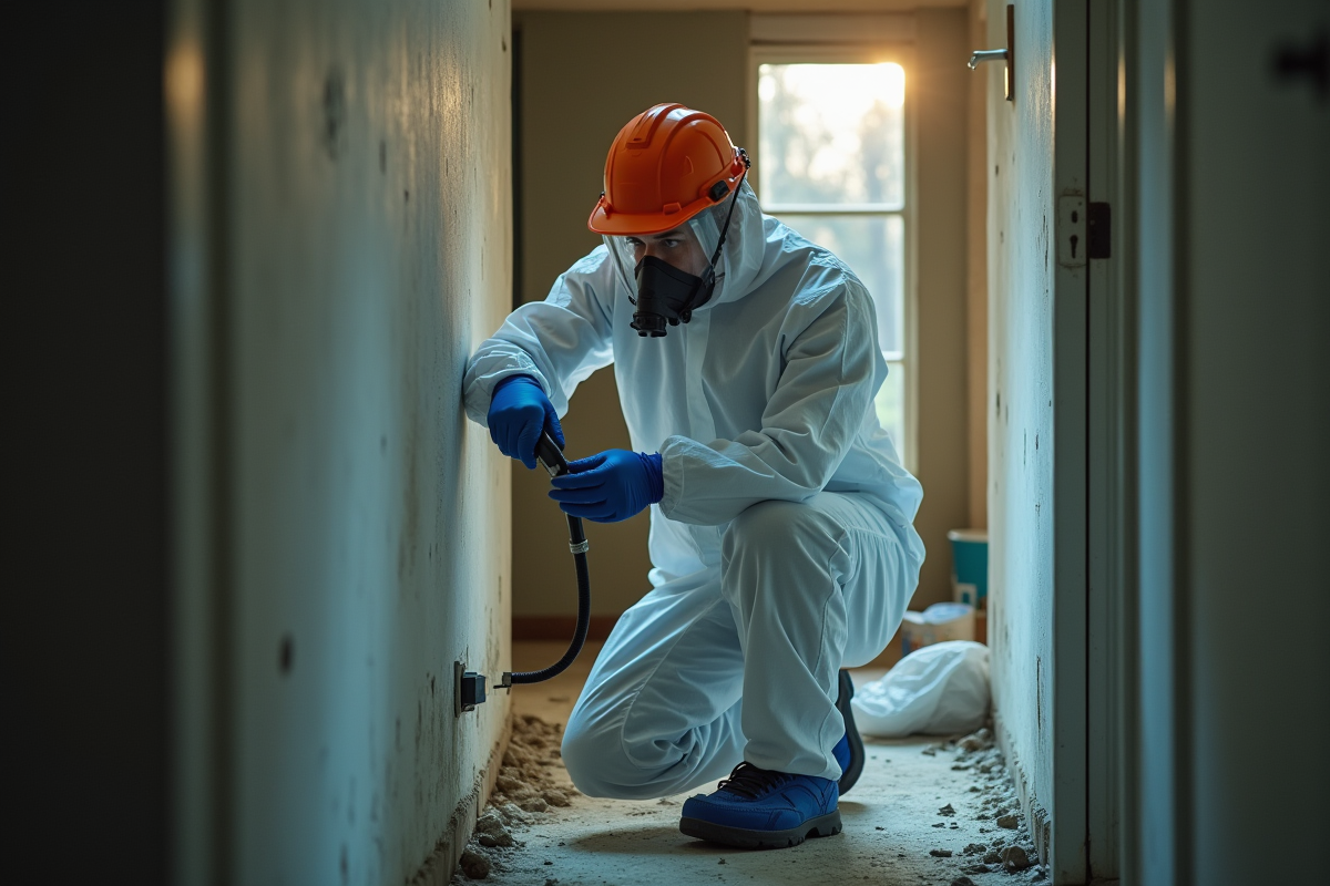 Professionnel en équipement de protection recueillant un échantillon dans un appartement ancien