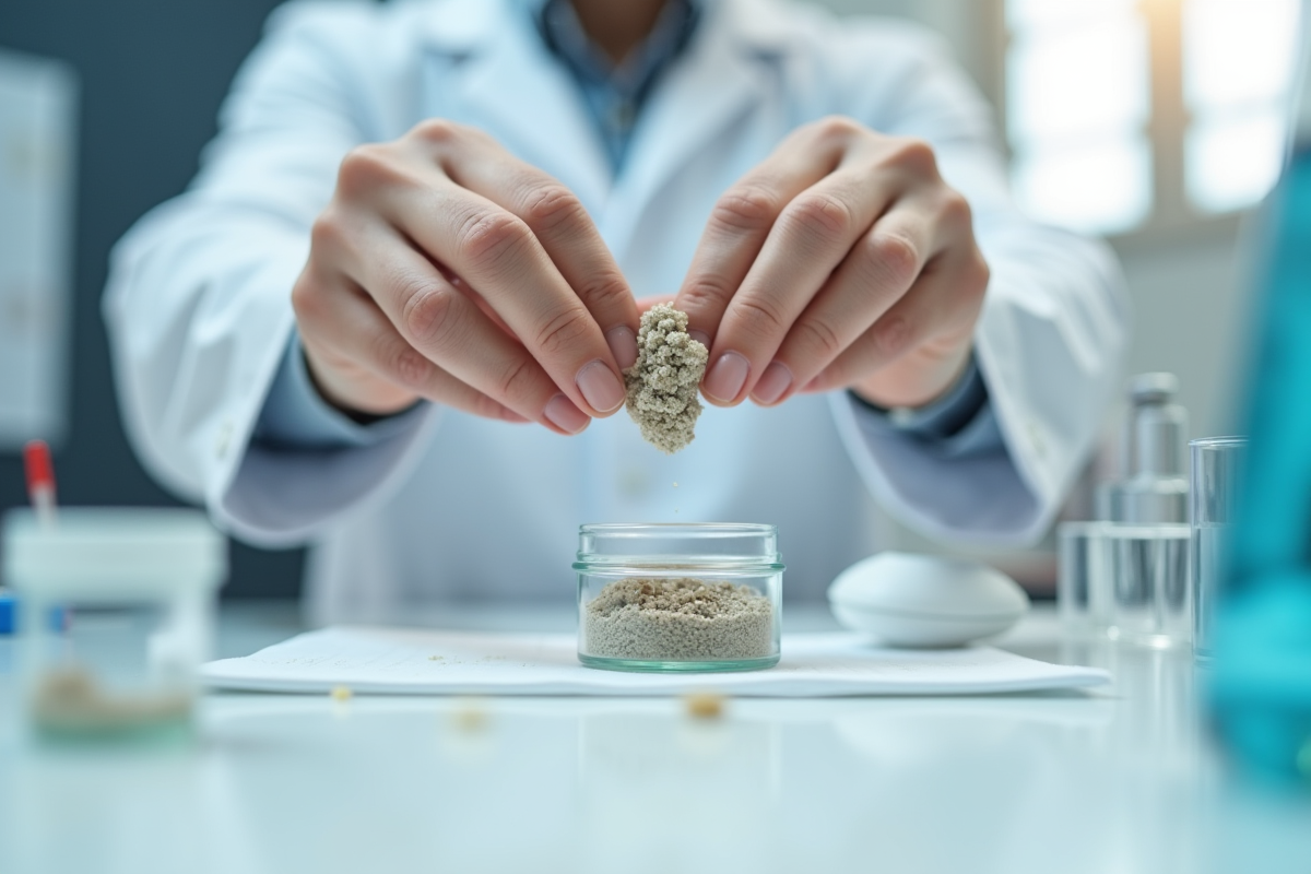 Mains plaçant un petit échantillon dans un récipient de laboratoire avec outils scientifiques