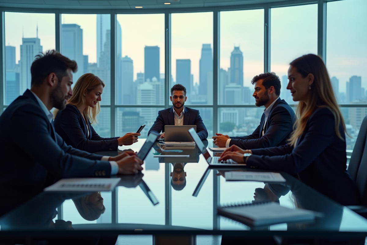 Groupe de professionnels en réunion dans un bureau lumineux