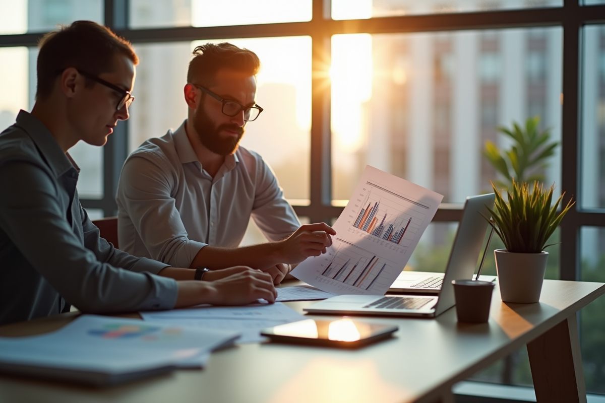 Deux professionnels analysant des documents financiers et des graphiques immobiliers