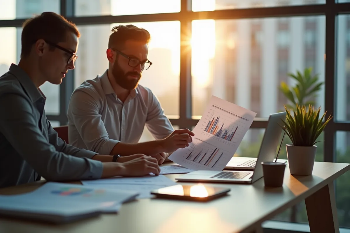 Deux professionnels analysant des documents financiers et des graphiques immobiliers