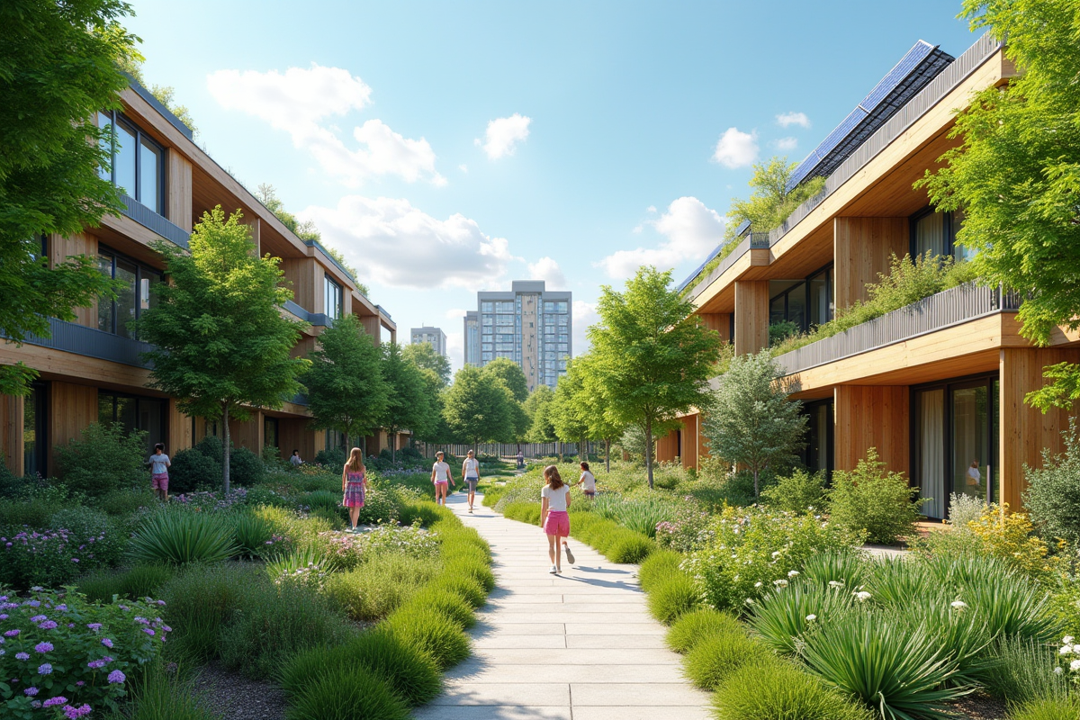 Quartier urbain écologique avec toits verts et enfants jouant