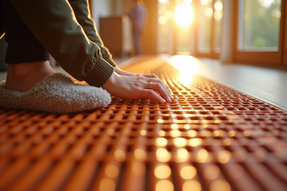 Main ajustant le chauffage au sol avec sol en bois ensoleille