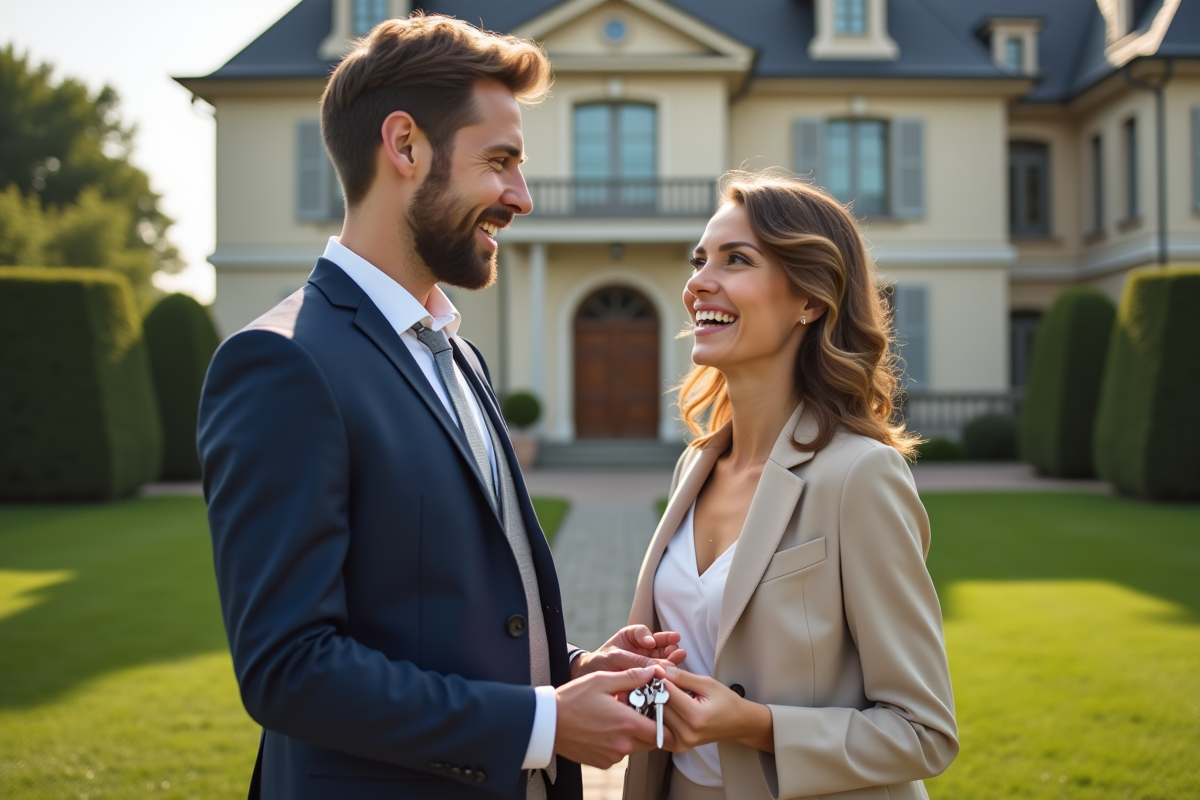 Agent immobilier remettant les clés à un couple heureux devant une grande maison