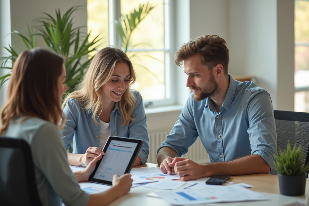 Jeune couple rencontrant un conseiller financier dans un bureau moderne