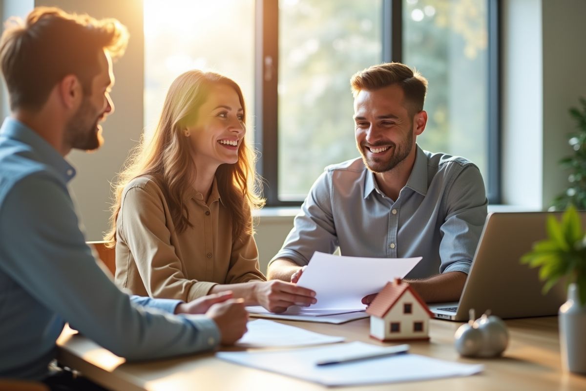 Jeune couple rencontrant un conseiller financier dans un bureau lumineux