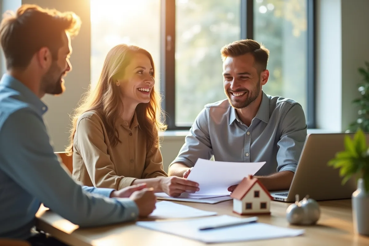 Jeune couple rencontrant un conseiller financier dans un bureau lumineux