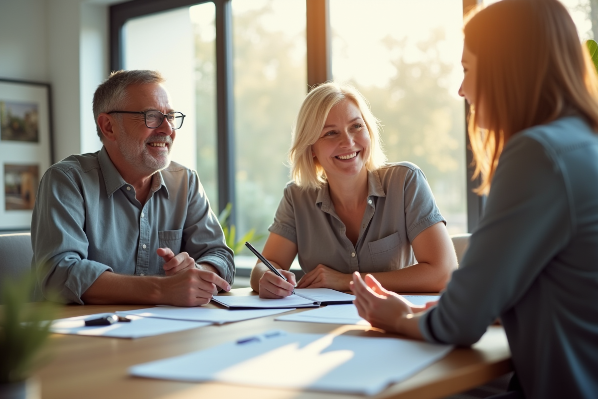 Couple senior souriant rencontrant un agent immobilier dans un salon lumineux
