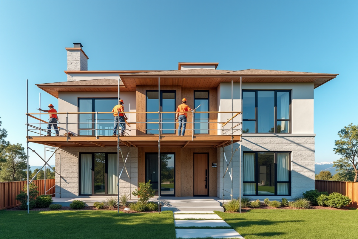 Travailleurs rénovant l'extérieur d'une maison moderne en journée ensoleillée