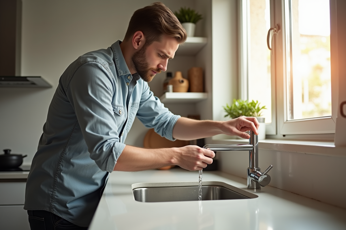 Personne examinant un robinet qui fuit dans une cuisine lumineuse