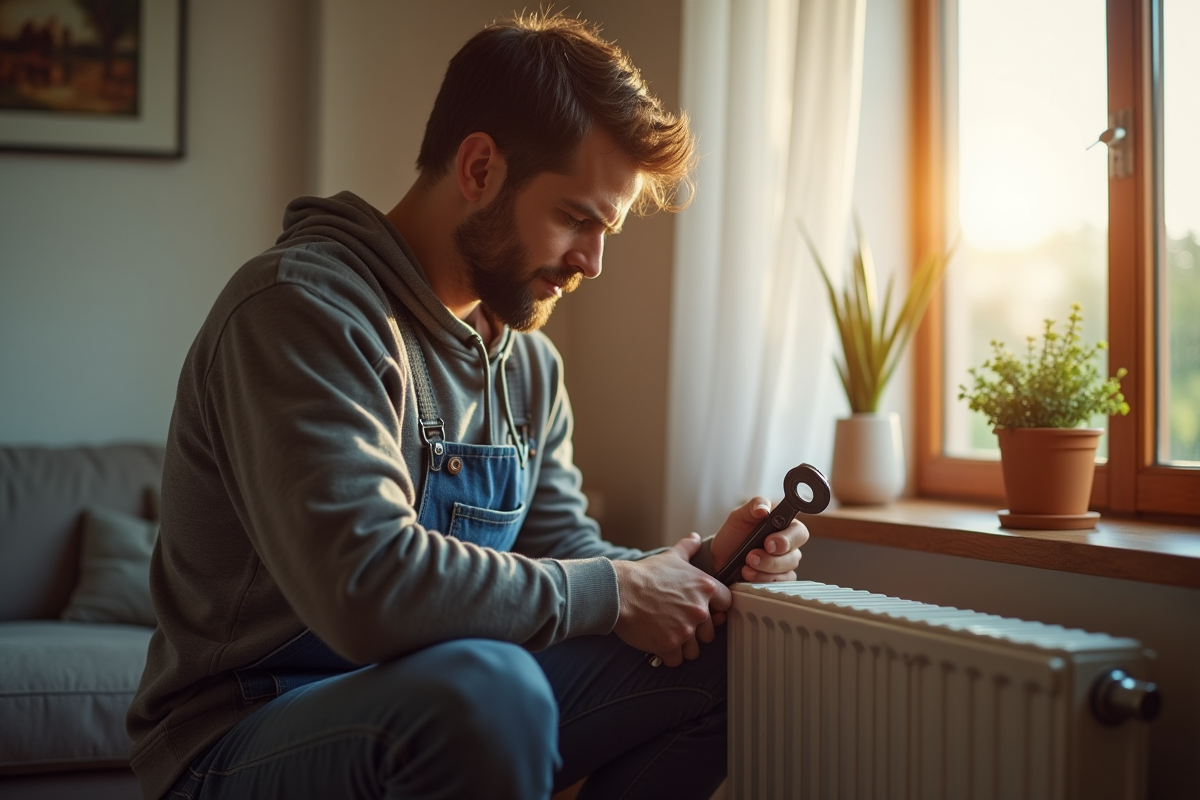 Un locataire utilisant une clé pour réparer un radiateur dans un salon lumineux