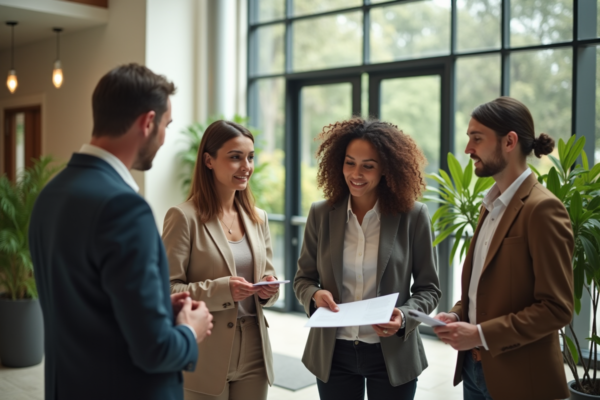 Groupe de résidents discutant dans le hall d'un immeuble moderne