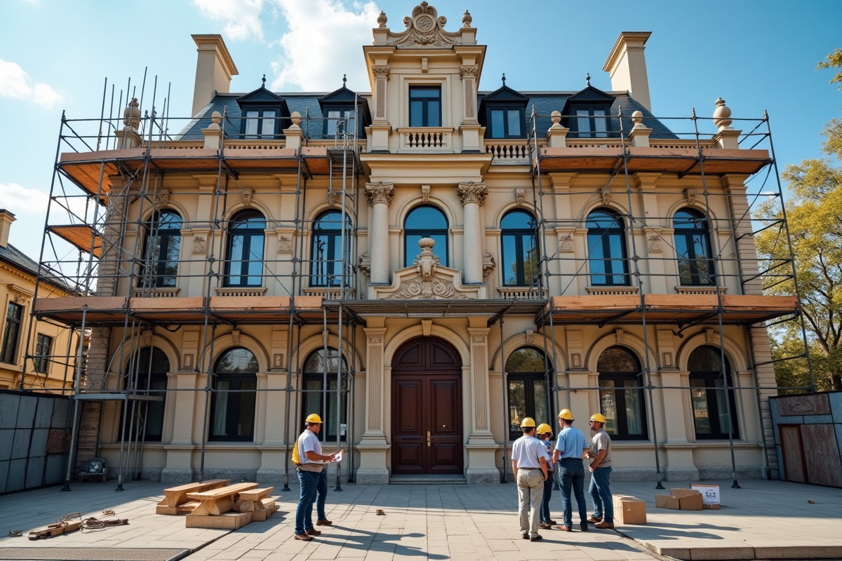 Façade restaurée d un bâtiment historique avec ouvriers en discussion